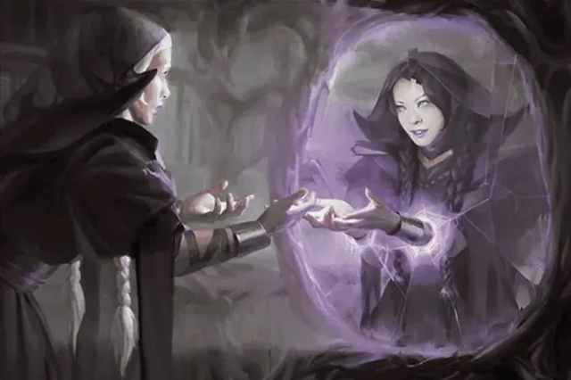 Image of older woman looking at younger self through mirror in MTG Beseech the Mirror Wilds of Eldraine