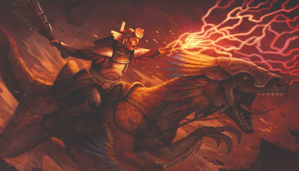 Image of Hualti riding a dinosaur in MTG Lost Caverns of Ixalan set