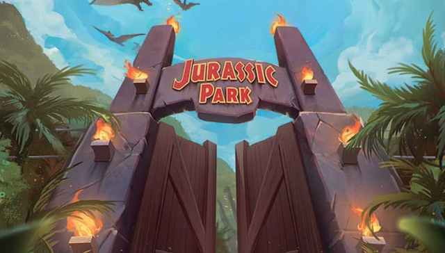 Image of gates to Jurrasic Park through MTG Jurrasic World Universes Beyond Jurassic Park legendary land