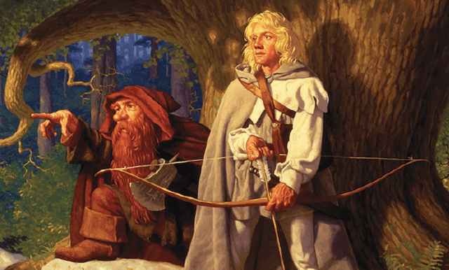 Image of dwarf and elf under a tree through MTG Lord of the Rings Special Edition Hildebrandt Sylvan Tutor