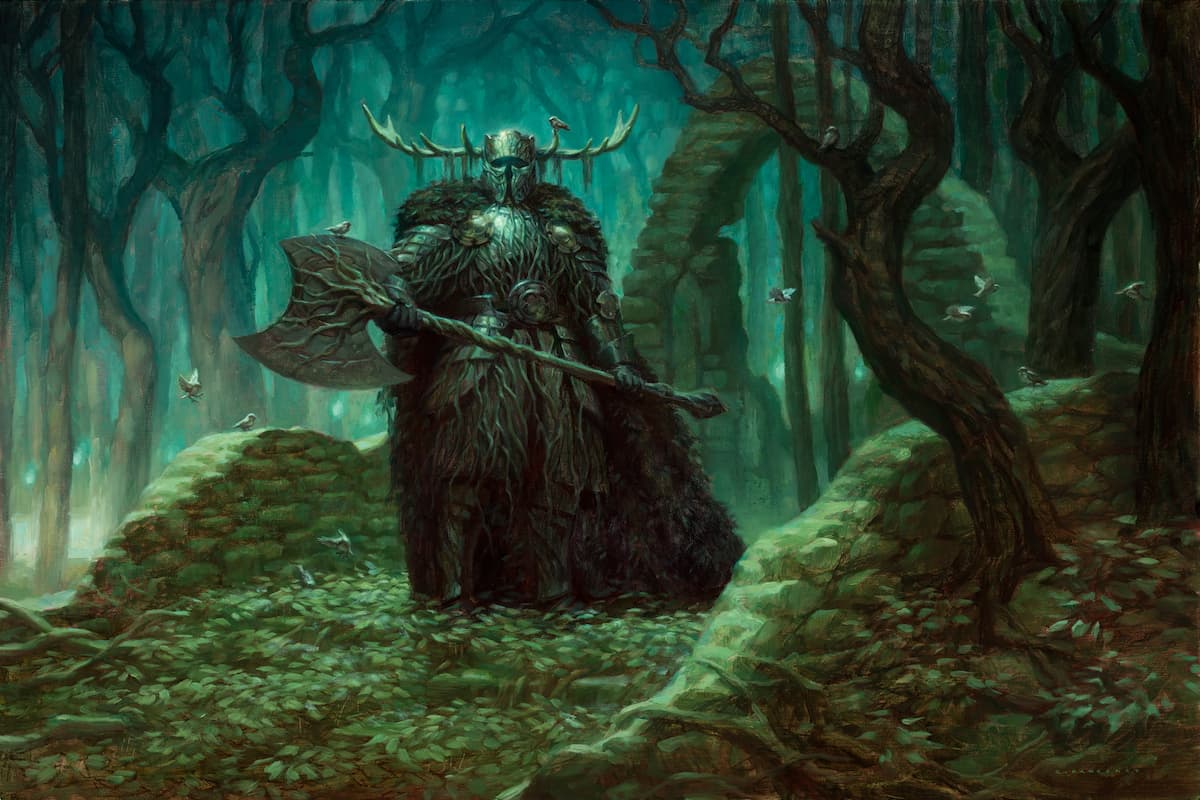 Image of ghostly knight in forest through MTG Mosswood Dreadknight Wilds of Eldraine