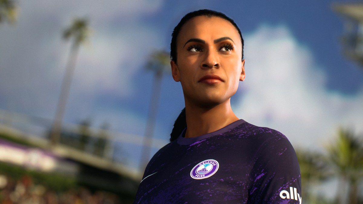 Marta shown in EA FC 24 with palm trees and a stadium stand in the background.