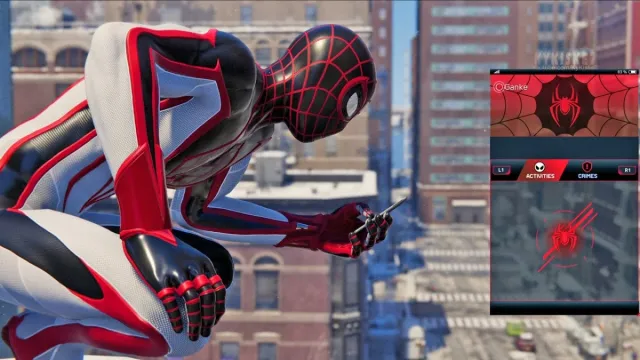 Miles Morales checking the Friendly Neighborhood Spider-Man App in-game