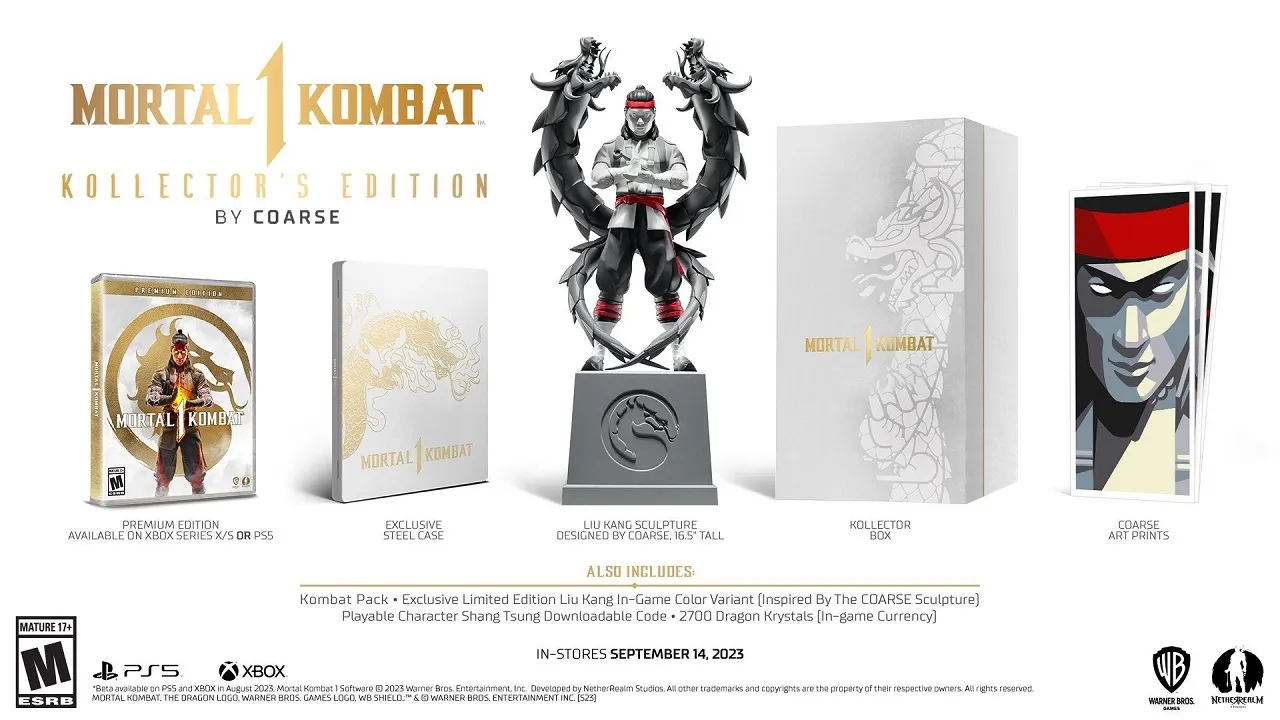 There is a statue of Fire God Liu Kang with the other contents of the Kollector's Edition. There is a steel box, art prints, and collectible box to the sides of the statue.