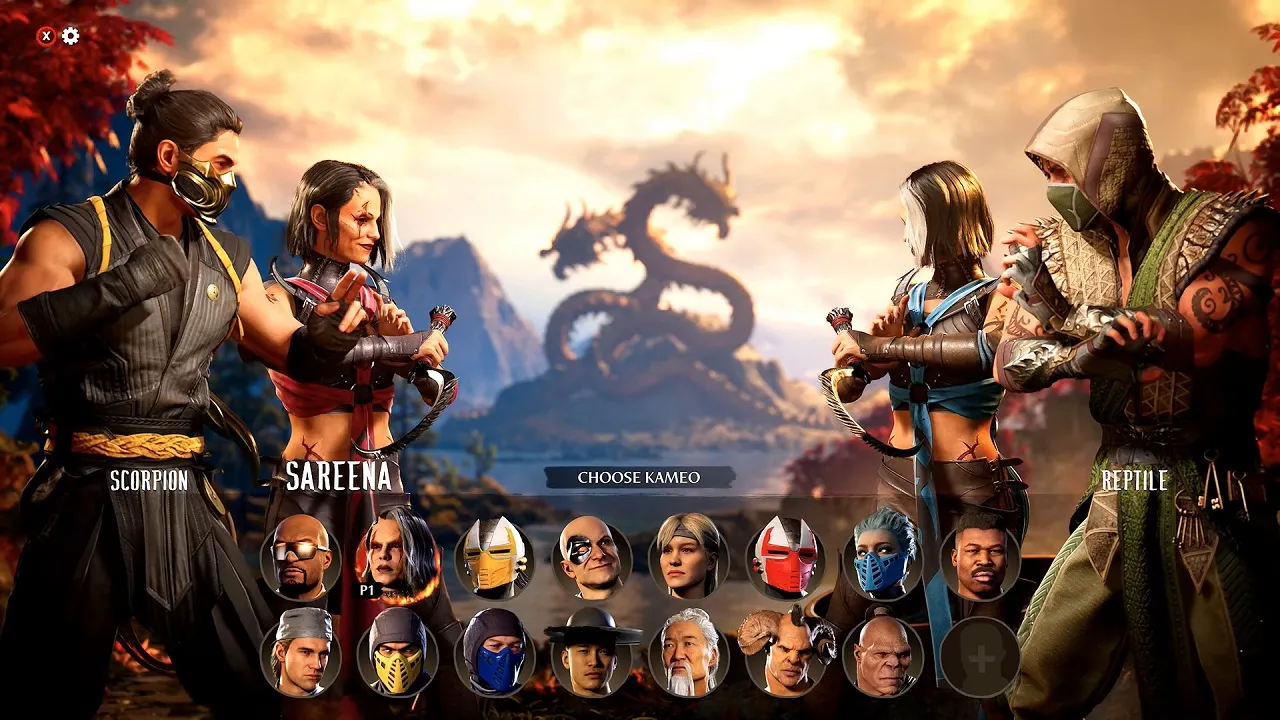 There is a character select screen with all the Kameo fighters. There is a dragon statue off in the distance behind them.