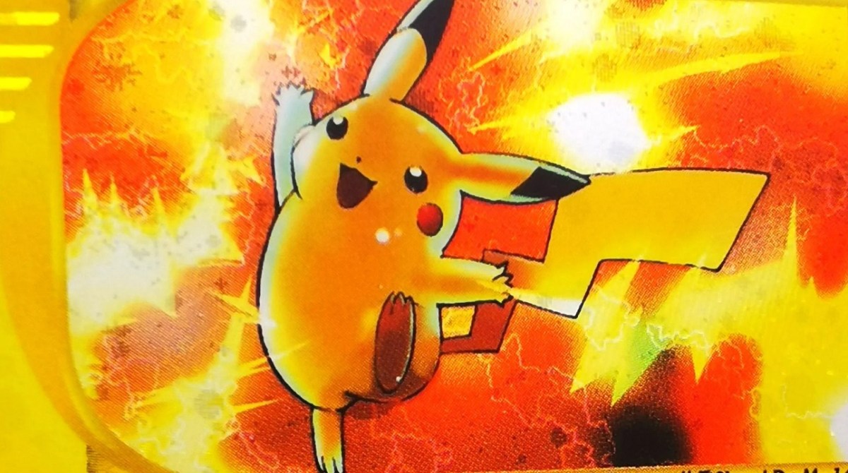 There is a Pikachu surrounded by lightning bolts. The Pikachu is jumping with excitement.