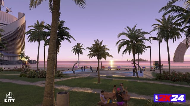 A view of the beach within The City in NBA 2K24.