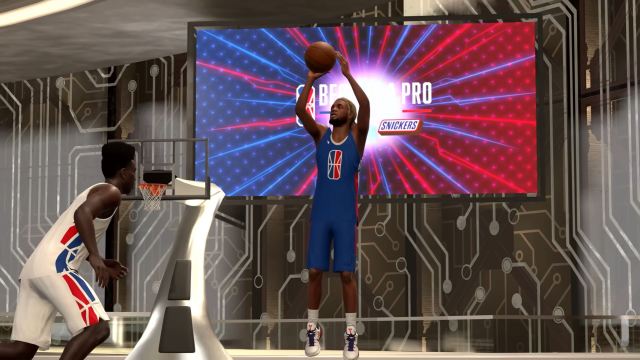 A player shooting a jumpshot in NBA 2K24 MyCAREER.