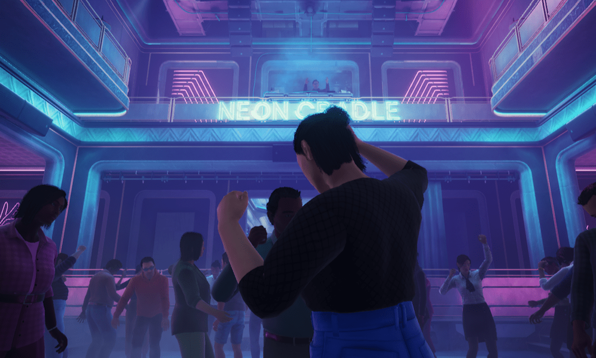 Neon Cradle Payday 3 with dancing patrons and the neon cradle sign in the background