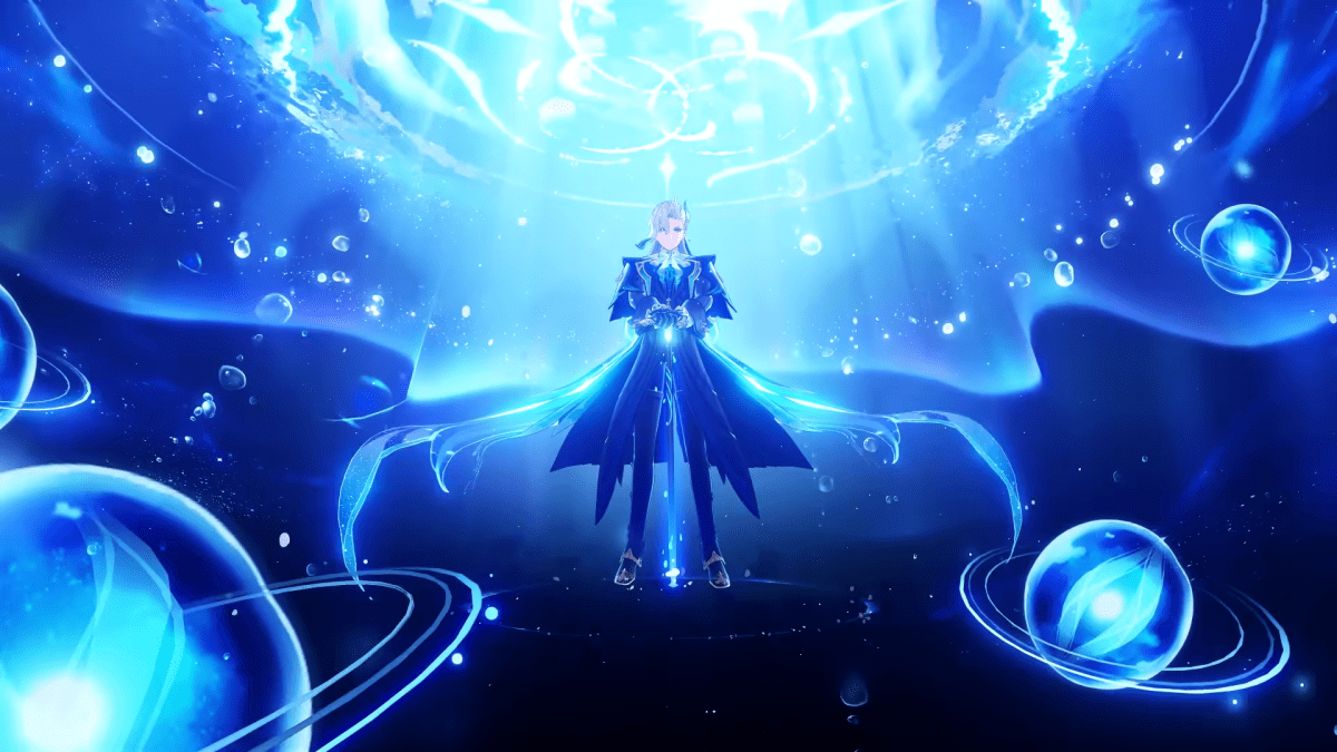 Neuvillette standing surrounded by Hydro and holding his cane while casting his elemental burst.