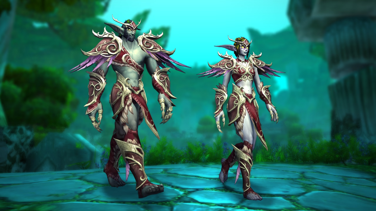 Two Night Elves walking and wearing Heritage Armor