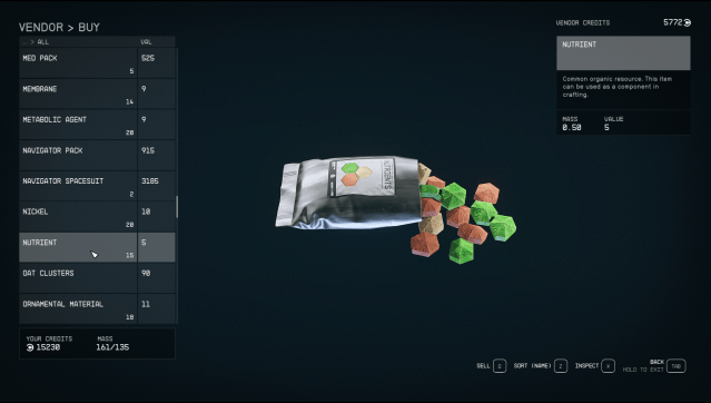 An image of a vendor's buy menu in Starfield, with the Nutrients selected: a small bag of food-like items.