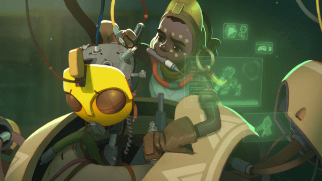 Scientist taking apart Orisa's head in Overwatch 2 scene. Holographic screen showing all her vital signs on the right side