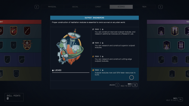 The Starfield Skill tree, with the Outpost Engineering skill selected.