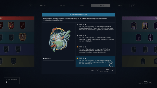 Image of the skills menu in Starfield, showing the badge for the Planetary Habitation skill.