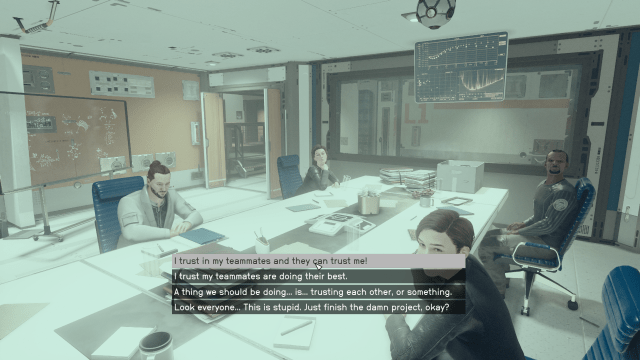 Image of a board room of people looking bored at the player.