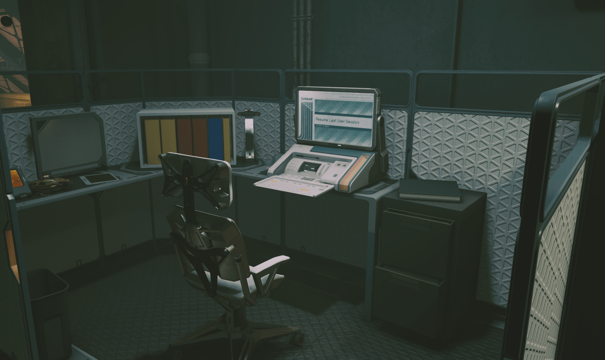 A screenshot from Starfield's photomode showing a bulky computer with a white desk chair in front of it.