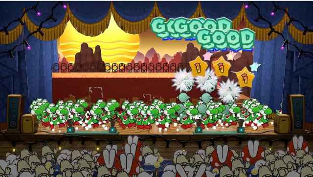 A hoard of Yoshi being used in a special attack in Paper Mario.