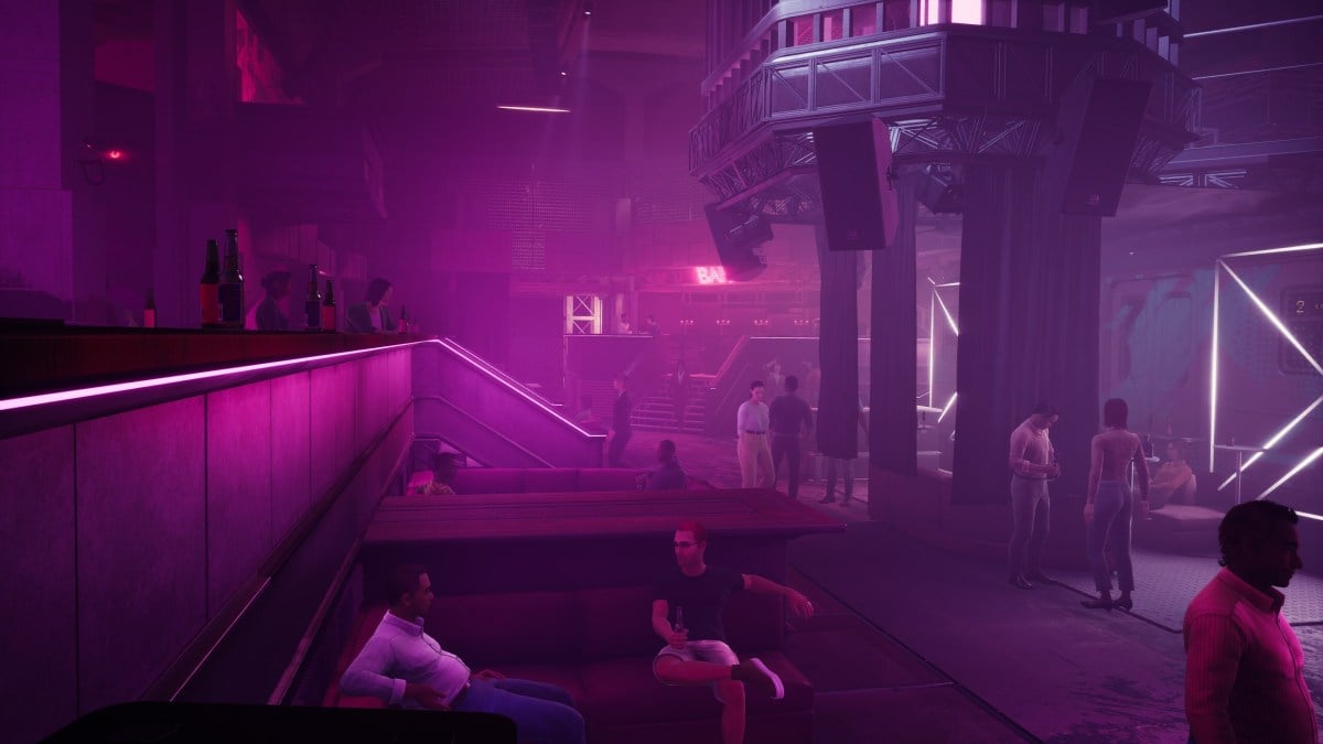 Displays a nightclub in Payday 3 with pink lights and patrons at tables.