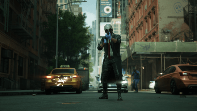 Wolf from Payday 3 with his signature mask stands on an empty street with a gun in hand.