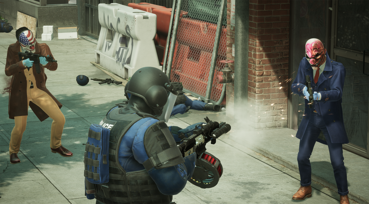 Displays a swat officer and a heister in a firefight in Payday 3.
