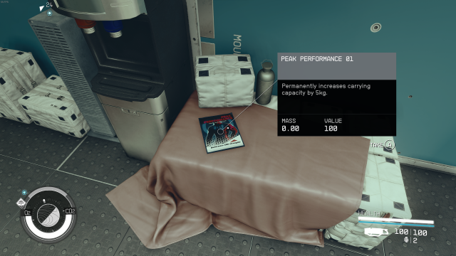 A screenshot from Starfield showing a magazine with a comic book-like cover. A pop-up box indicates this is Peak Performance 01.