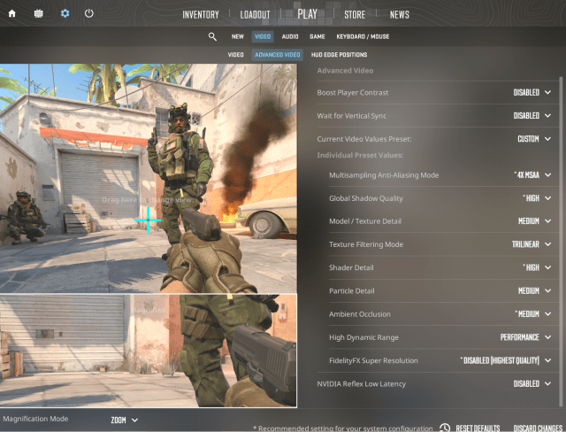 Advanced settings in Counter-Strike 2 with CS2 model on the left side