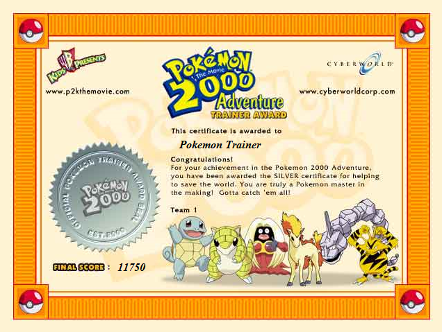 Pokemon 2000s Adventure certificate for beating the game. 