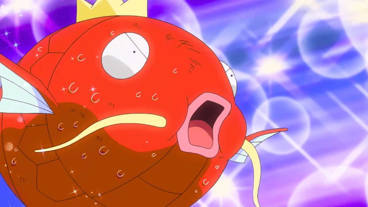 A fat Magikarp sweating and sparkling in the Pokémon anime.