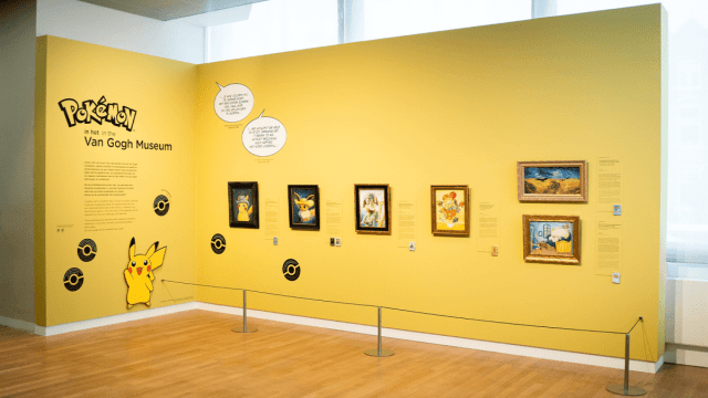 A display of all the Pokemon x Van Gogh paintings, at the Amsterdam Van Gogh Museum.