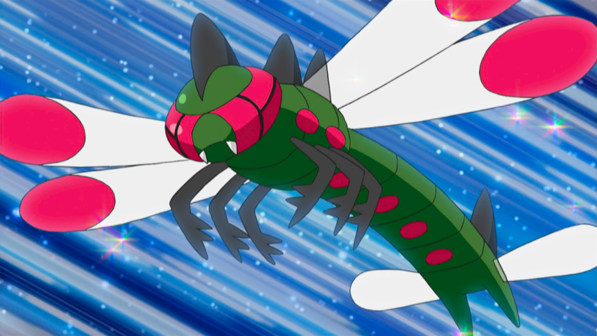 Yanmega flying in the Pokémon anime.