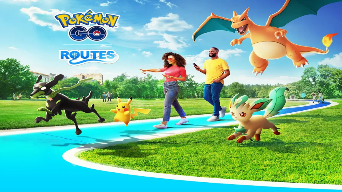 Two trainers walk along a Pokémon Go Route, surrounded by a Zygarde 10% Form, Pikachu, Leafeon, and Charizard.