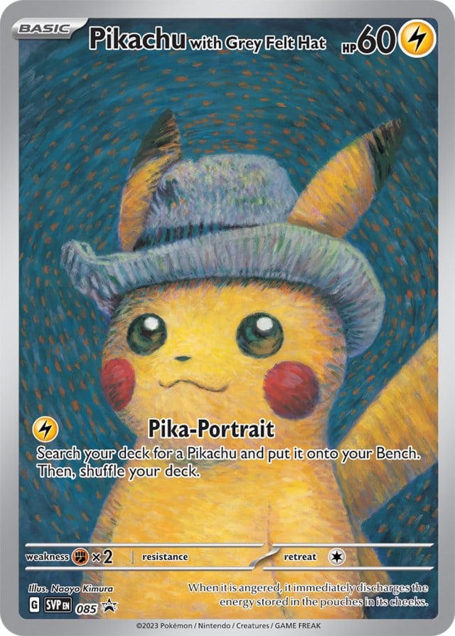 Carte promo Pikachu TCG dans le style de l'Autoportrait avec Chapeau en Feutre Gris.