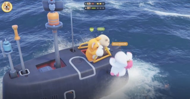 Corgi punching Unicorn off a sinking submarine in Party Animals
