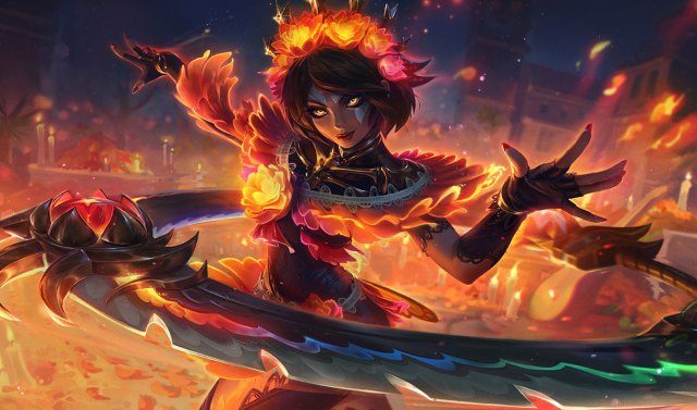 La Ilusión Qiyana in League of Legends, adorned with glowing orange and pink flowers.