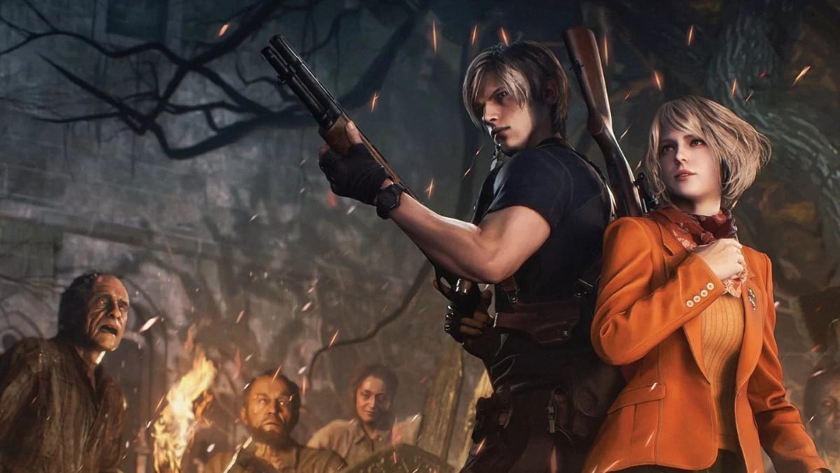 Leon and Ashley fending off zombies in a promo poster for RE4