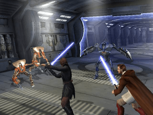 Revenge of the Sith Anakin and Obi-Wan fighting droids with lightsabers