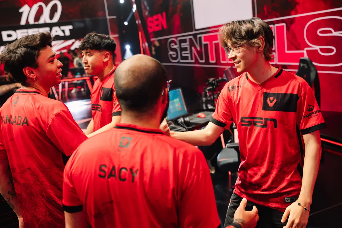 Sentinels react after victory against 100 Thieves during 2023 VCT Americas Last Chance Qualifier