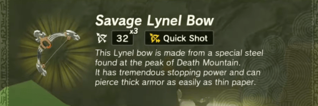 Screenshot of the info for Savage Lynel bow in ToTK