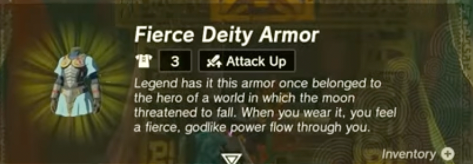 The info for the Fierce Deity Armor in Zelda ToTk. Screenshot via Dot Esports. 