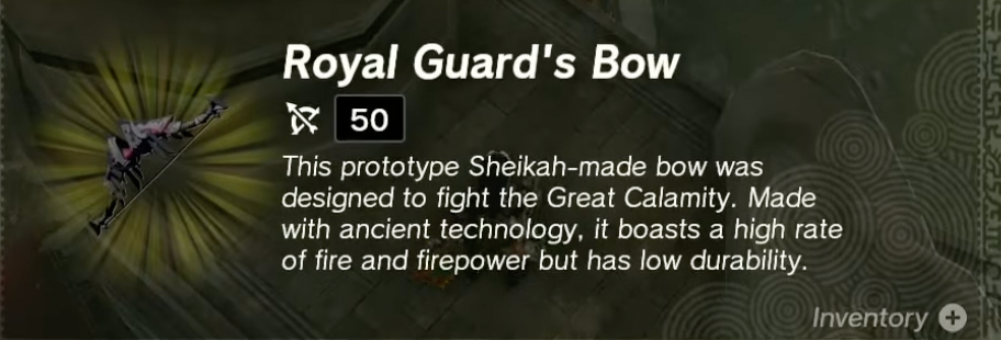 Screenshot of the info from the Royal Guard's Bow from Zelda ToTK.