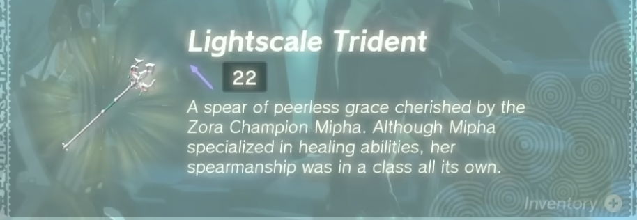 Screenshot of the info for the Lightscale Trident from Zelda ToTK. 