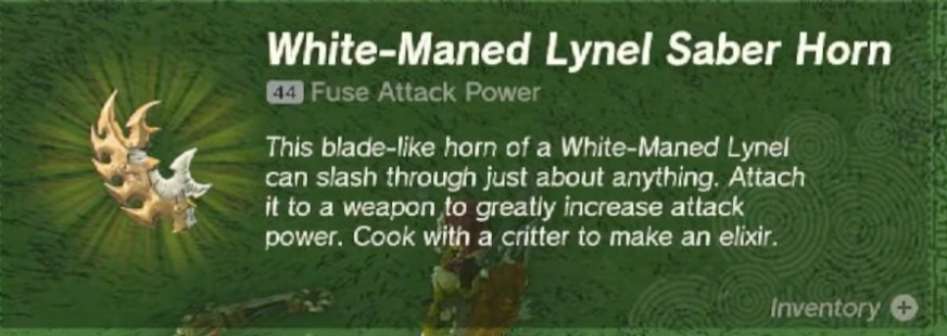 Screenshot of White-Maned Lynel Saber Horn from Zelda ToTK. 