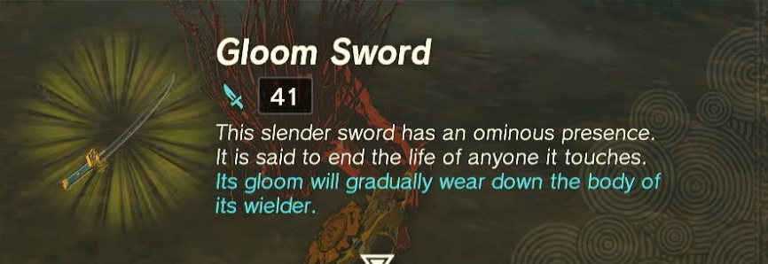 Screenshot of the Gloom Sword from Zelda ToTK. 