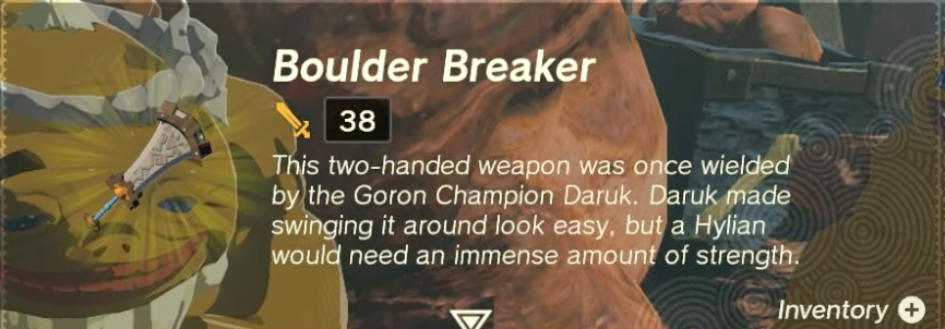 Screenshot of The Boulder Breaker weapon from Zelda ToTK. 