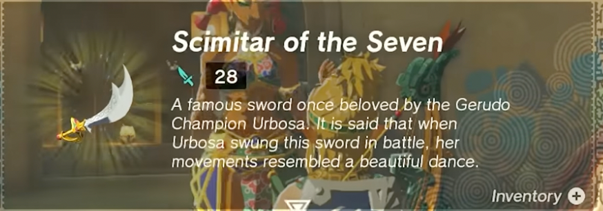 Screenshot of the Scimitar of the Seven from Zelda ToTK. 