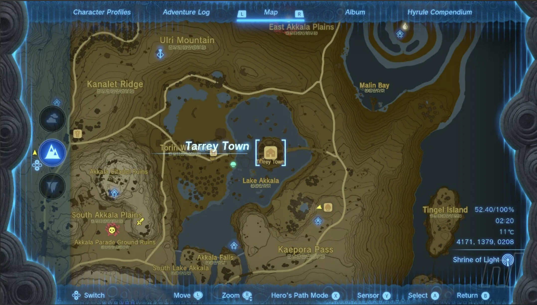 Screenshot of the map to Tarrey town from Zelda ToTK. 