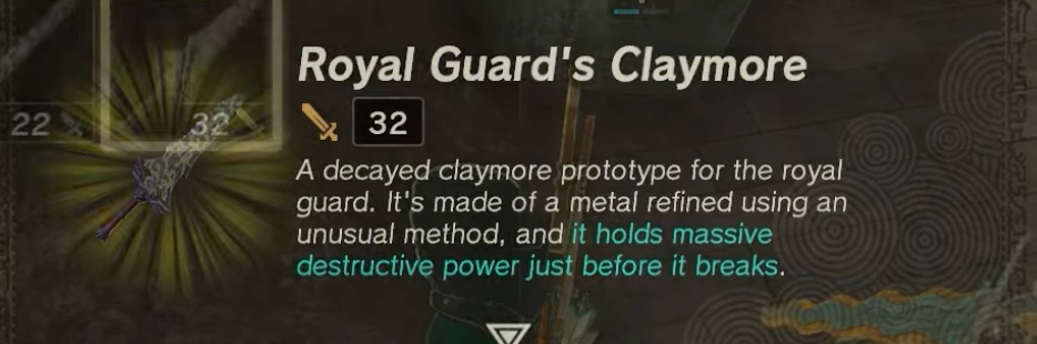 Screenshot of the Royal Guard's Claymore from Zelda ToTK.