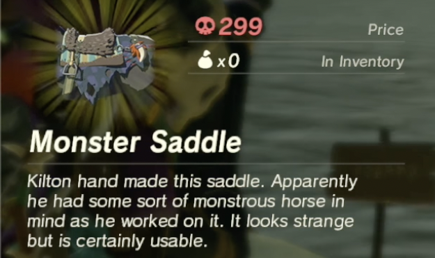 Screenshot of the Monster Saddle from Zelda ToTK. 