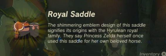 Screenshot of the Royal Saddle item description from Zelda ToTK. 